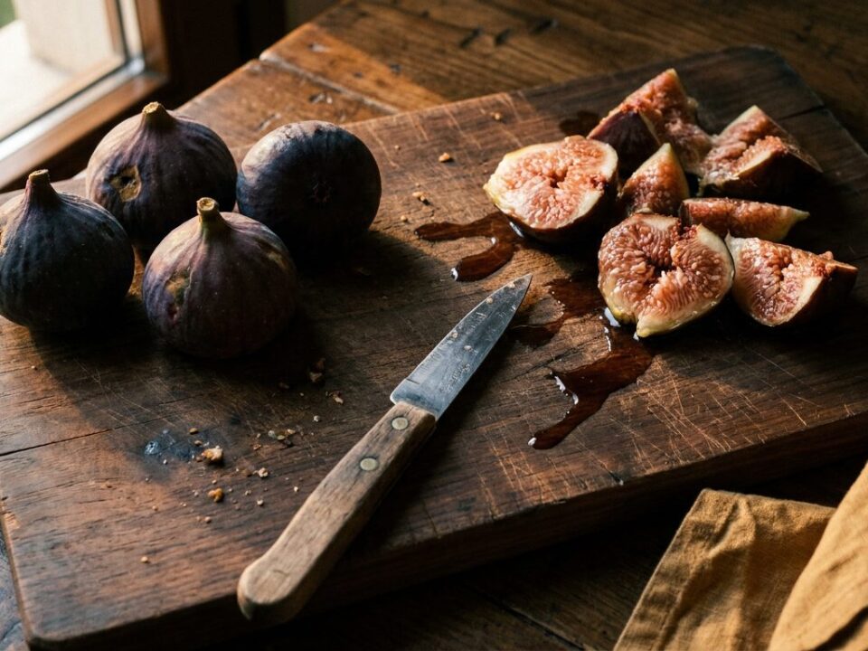 Fichi interi e rottami su tagliere